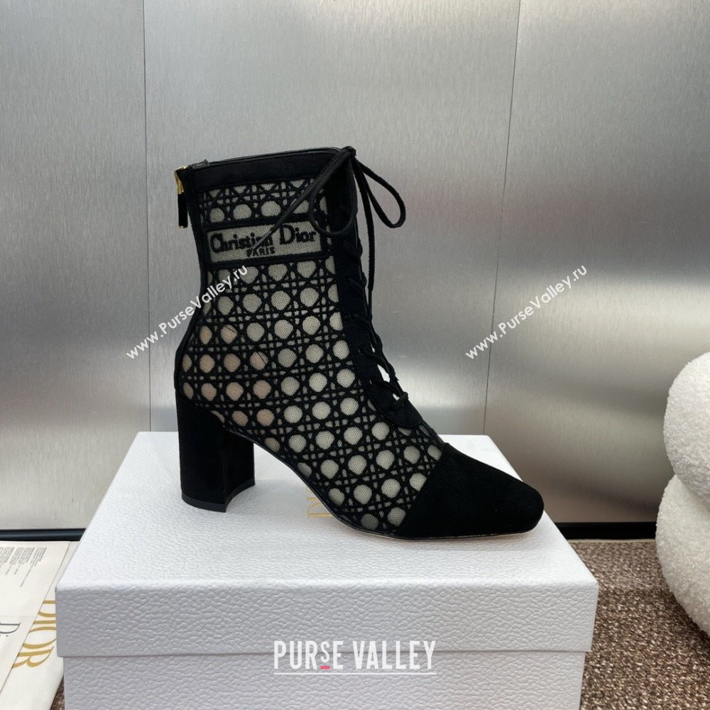 Dior Naughtily-D Heeled Ankle Boot in Mesh Embroidered with Black Cannage Motif and Suede 6.5cm Heel 2024 (JC-24092909)