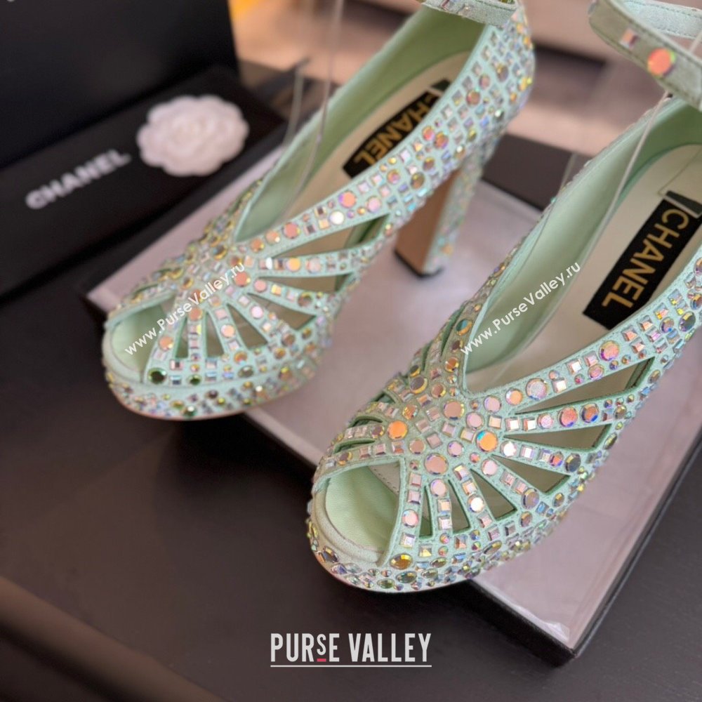 Chanel Strass Suede Sandals with Heel 11cm G45455 Green 2024 (MD-24042202)