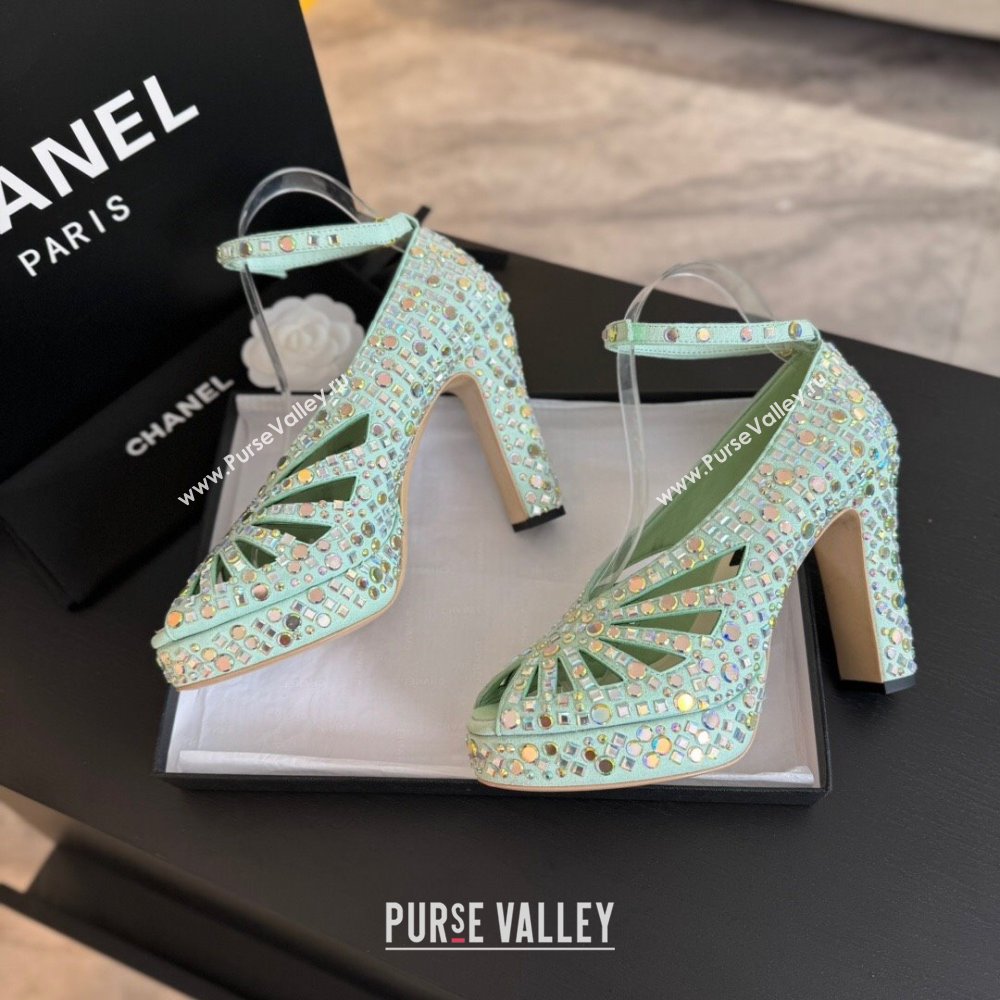 Chanel Strass Suede Sandals with Heel 11cm G45455 Green 2024 (MD-24042202)