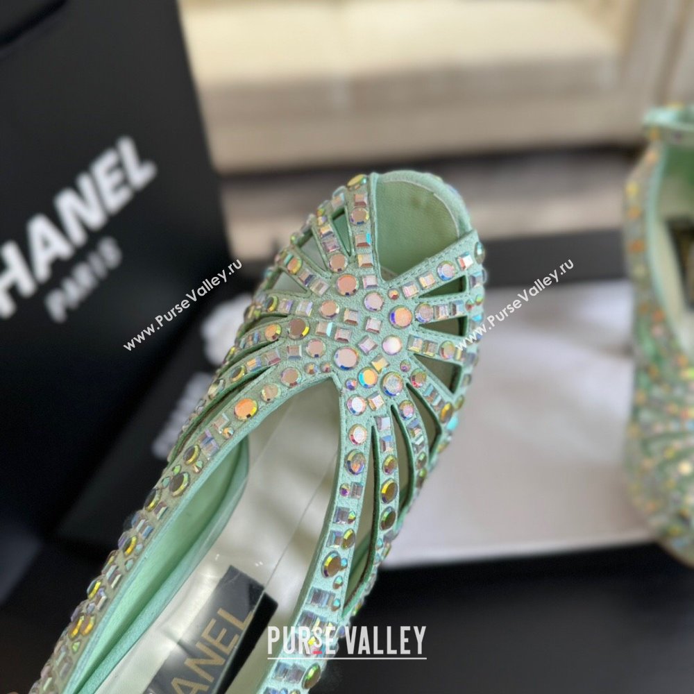 Chanel Strass Suede Sandals with Heel 11cm G45455 Green 2024 (MD-24042202)