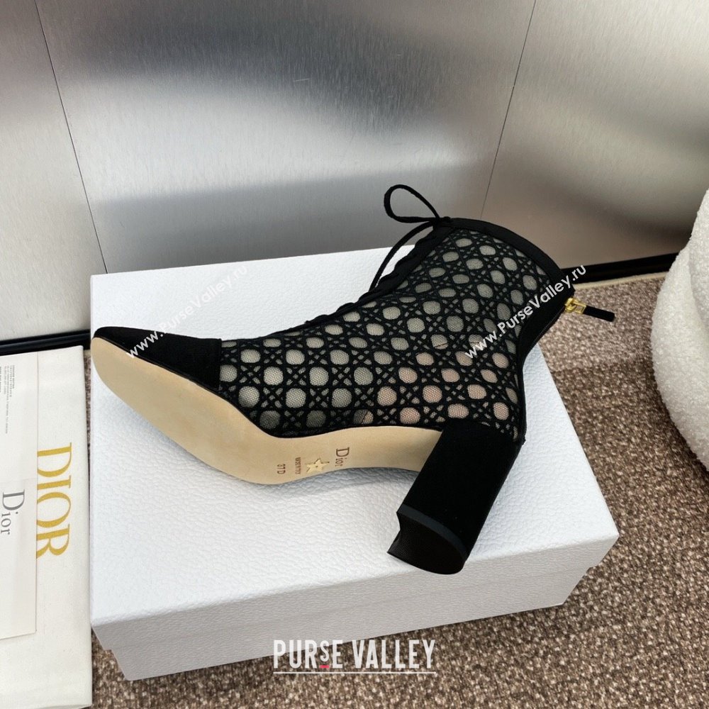 Dior Naughtily-D Heeled Ankle Boot in Mesh Embroidered with Black Cannage Motif and Suede 6.5cm Heel 2024 (JC-24092909)