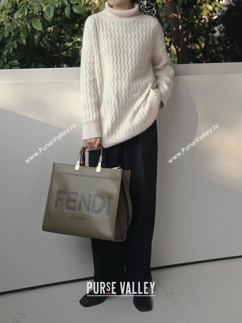 Fendi Sunshine Medium Shopper Leather Tote Bag Green 2021 (AFEI-21031907)