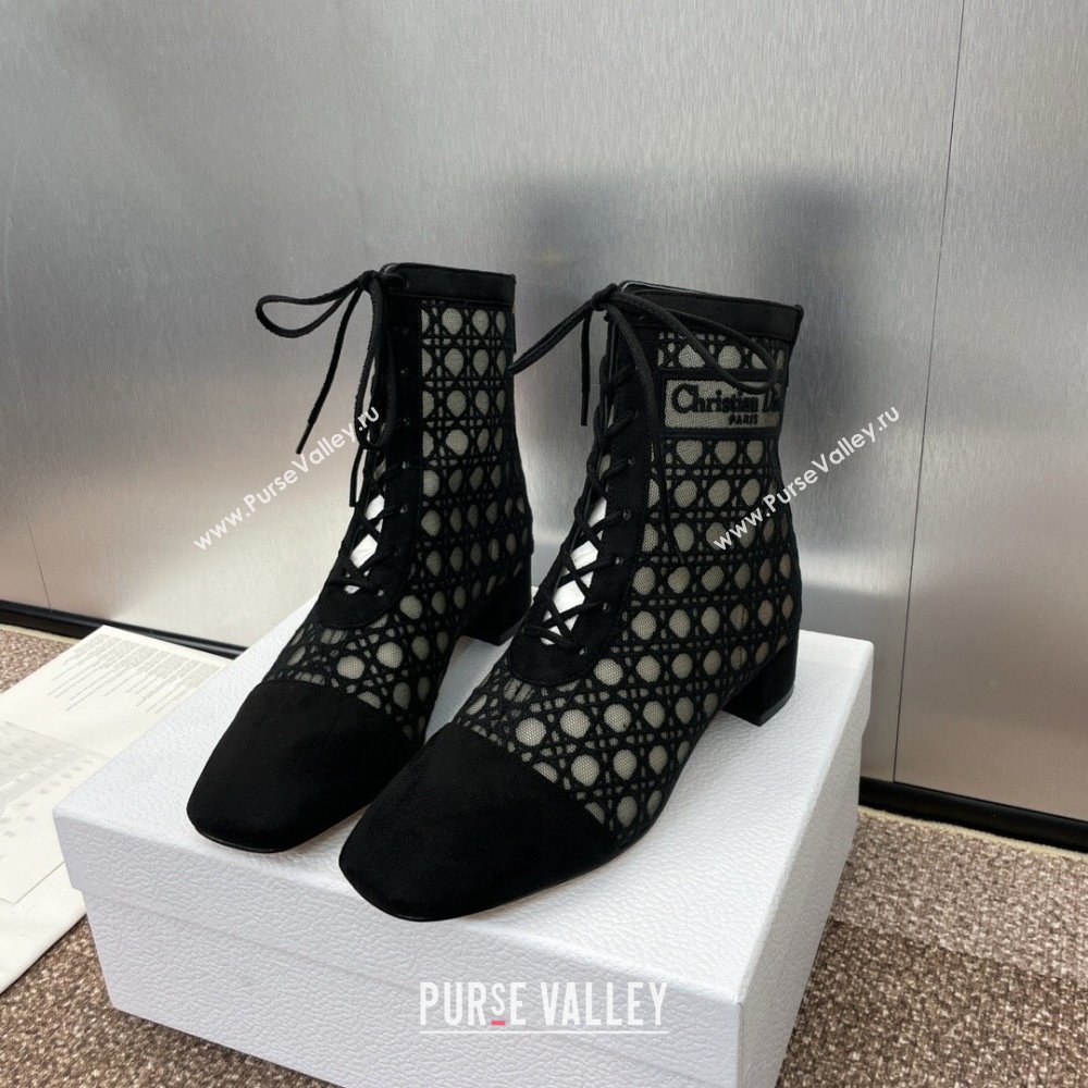 Dior Naughtily-D Heeled Ankle Boot in Mesh Embroidered with Black Cannage Motif and Suede 3.5cm Heel 2024 (JC-24092911)