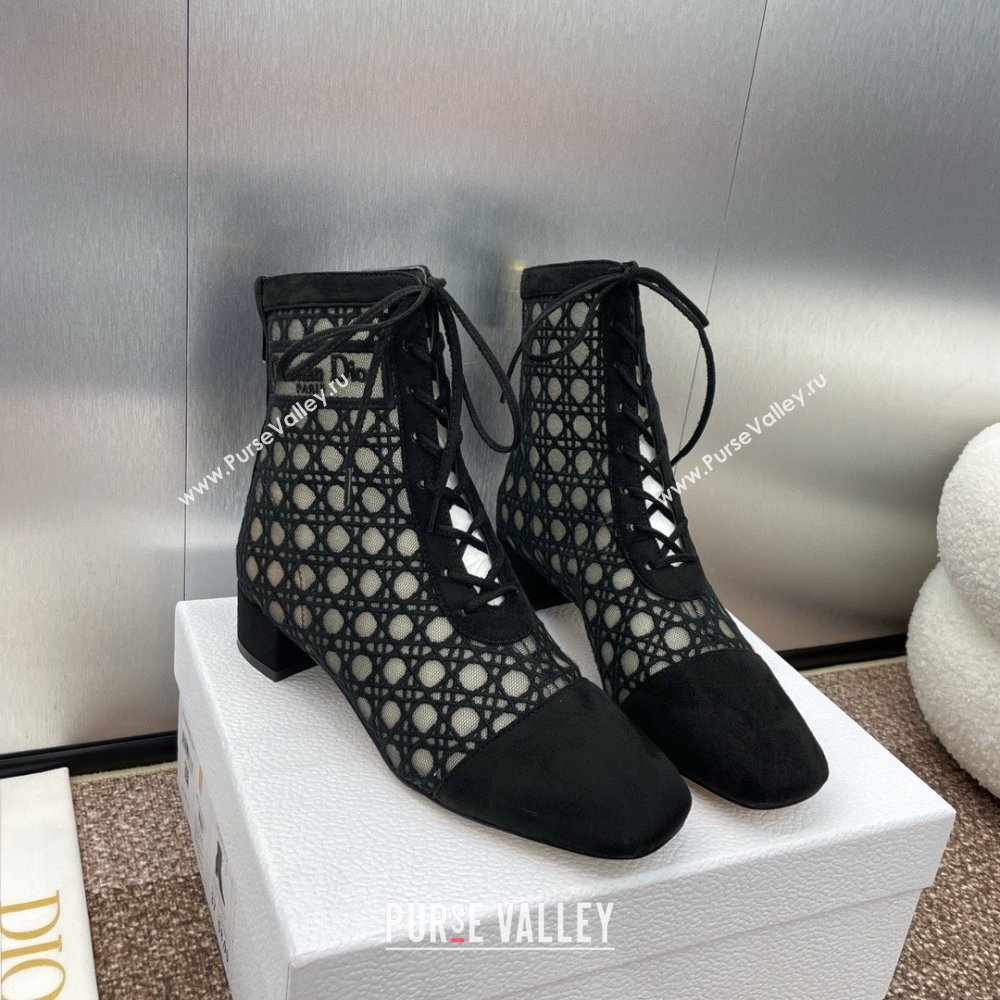 Dior Naughtily-D Heeled Ankle Boot in Mesh Embroidered with Black Cannage Motif and Suede 3.5cm Heel 2024 (JC-24092911)