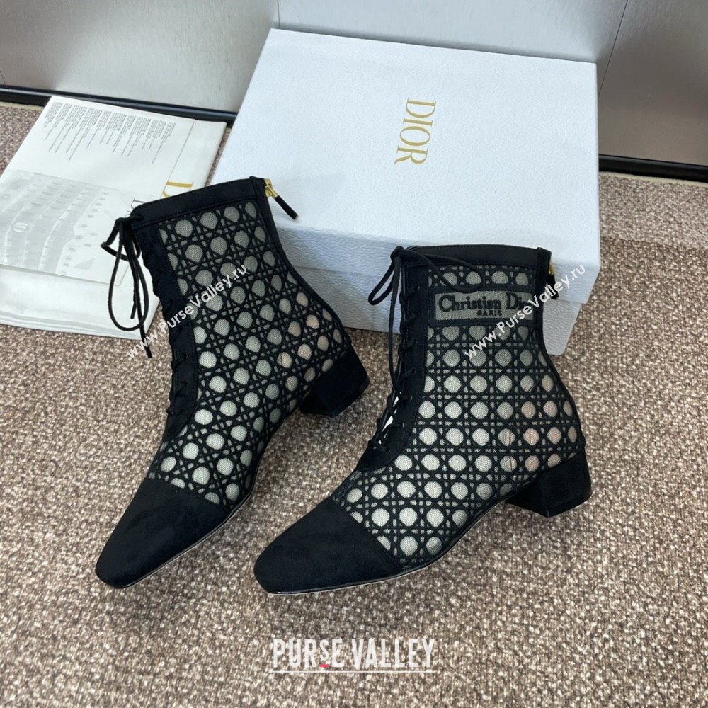 Dior Naughtily-D Heeled Ankle Boot in Mesh Embroidered with Black Cannage Motif and Suede 3.5cm Heel 2024 (JC-24092911)