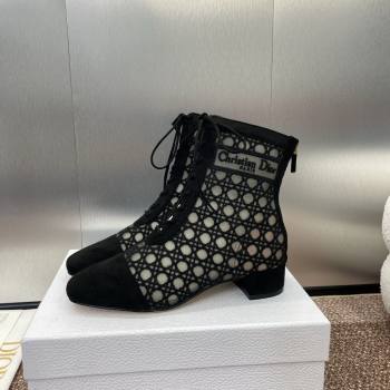 Dior Naughtily-D Heeled Ankle Boot in Mesh Embroidered with Black Cannage Motif and Suede 3.5cm Heel 2024 (JC-24092911)