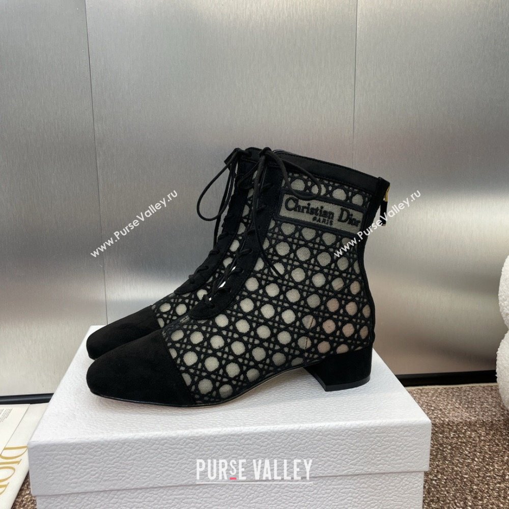 Dior Naughtily-D Heeled Ankle Boot in Mesh Embroidered with Black Cannage Motif and Suede 3.5cm Heel 2024 (JC-24092911)