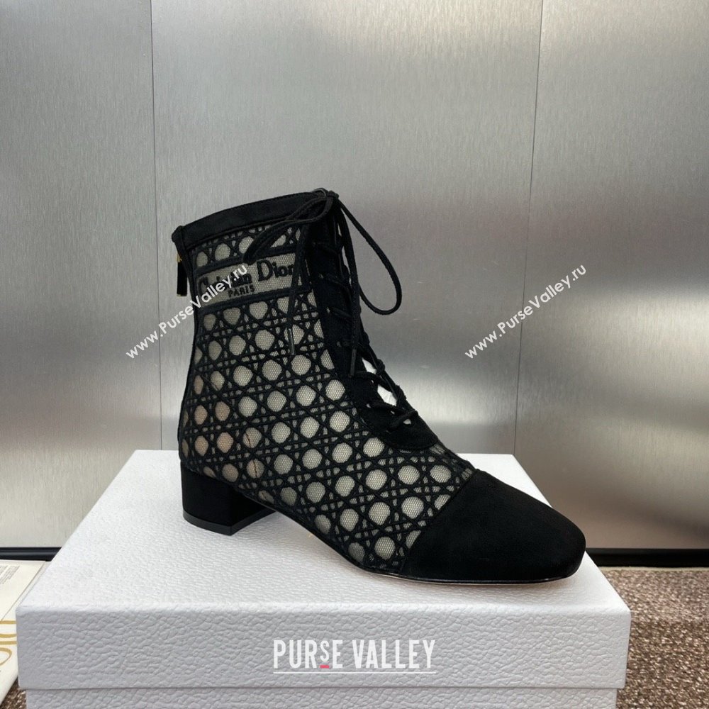 Dior Naughtily-D Heeled Ankle Boot in Mesh Embroidered with Black Cannage Motif and Suede 3.5cm Heel 2024 (JC-24092911)