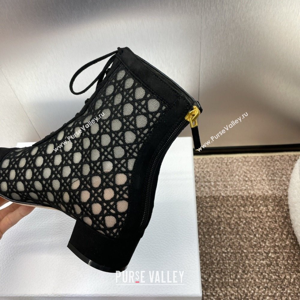 Dior Naughtily-D Heeled Ankle Boot in Mesh Embroidered with Black Cannage Motif and Suede 3.5cm Heel 2024 (JC-24092911)