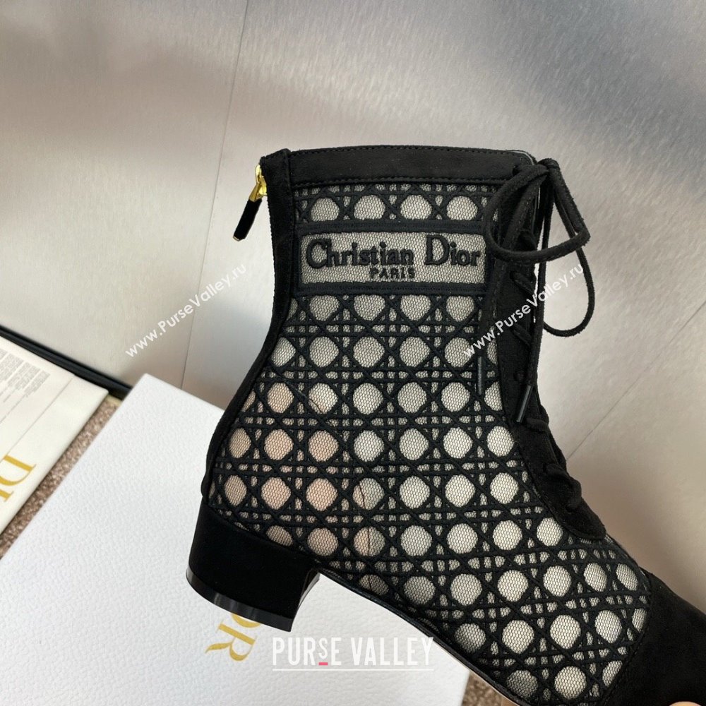 Dior Naughtily-D Heeled Ankle Boot in Mesh Embroidered with Black Cannage Motif and Suede 3.5cm Heel 2024 (JC-24092911)