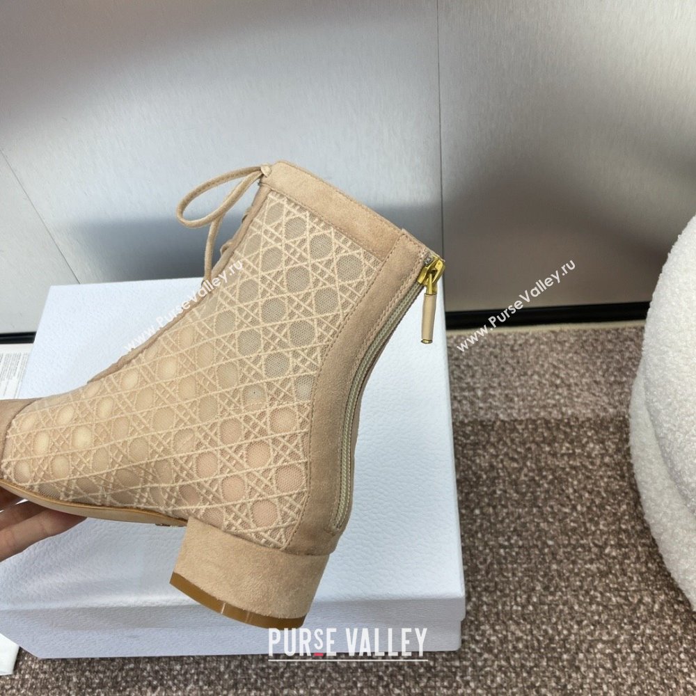 Dior Naughtily-D Heeled Ankle Boot in Mesh Embroidered with Nude Cannage Motif and Suede 3.5cm Heel 2024 (JC-24092912)