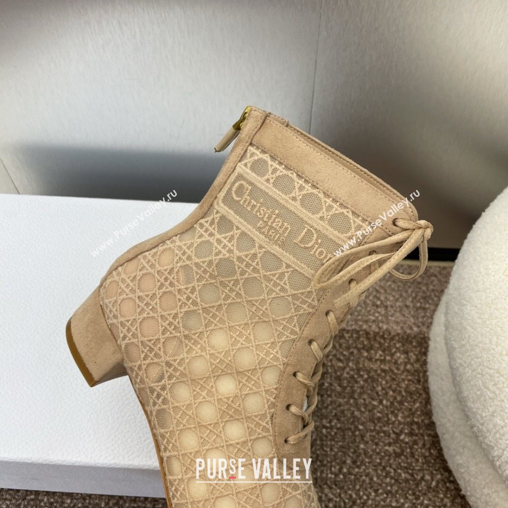 Dior Naughtily-D Heeled Ankle Boot in Mesh Embroidered with Nude Cannage Motif and Suede 3.5cm Heel 2024 (JC-24092912)