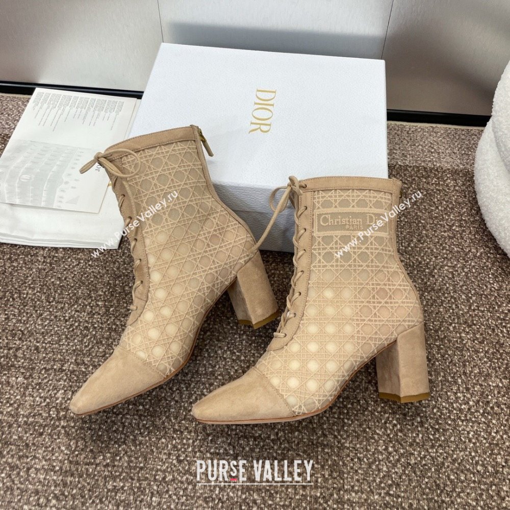 Dior Naughtily-D Heeled Ankle Boot in Mesh Embroidered with Nude Cannage Motif and Suede 6.5cm Heel 2024 (JC-24092910)