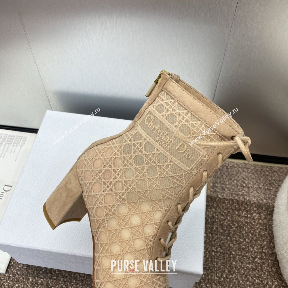 Dior Naughtily-D Heeled Ankle Boot in Mesh Embroidered with Nude Cannage Motif and Suede 6.5cm Heel 2024 (JC-24092910)