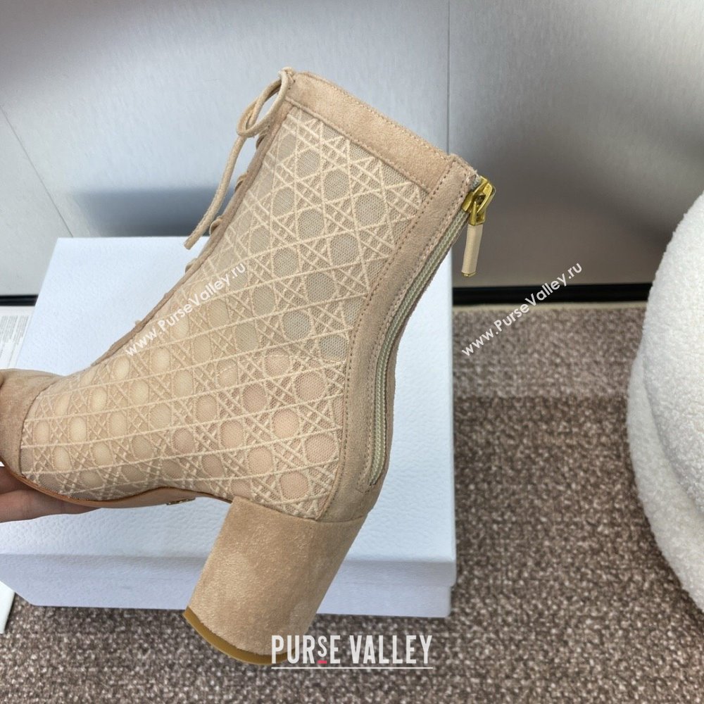 Dior Naughtily-D Heeled Ankle Boot in Mesh Embroidered with Nude Cannage Motif and Suede 6.5cm Heel 2024 (JC-24092910)