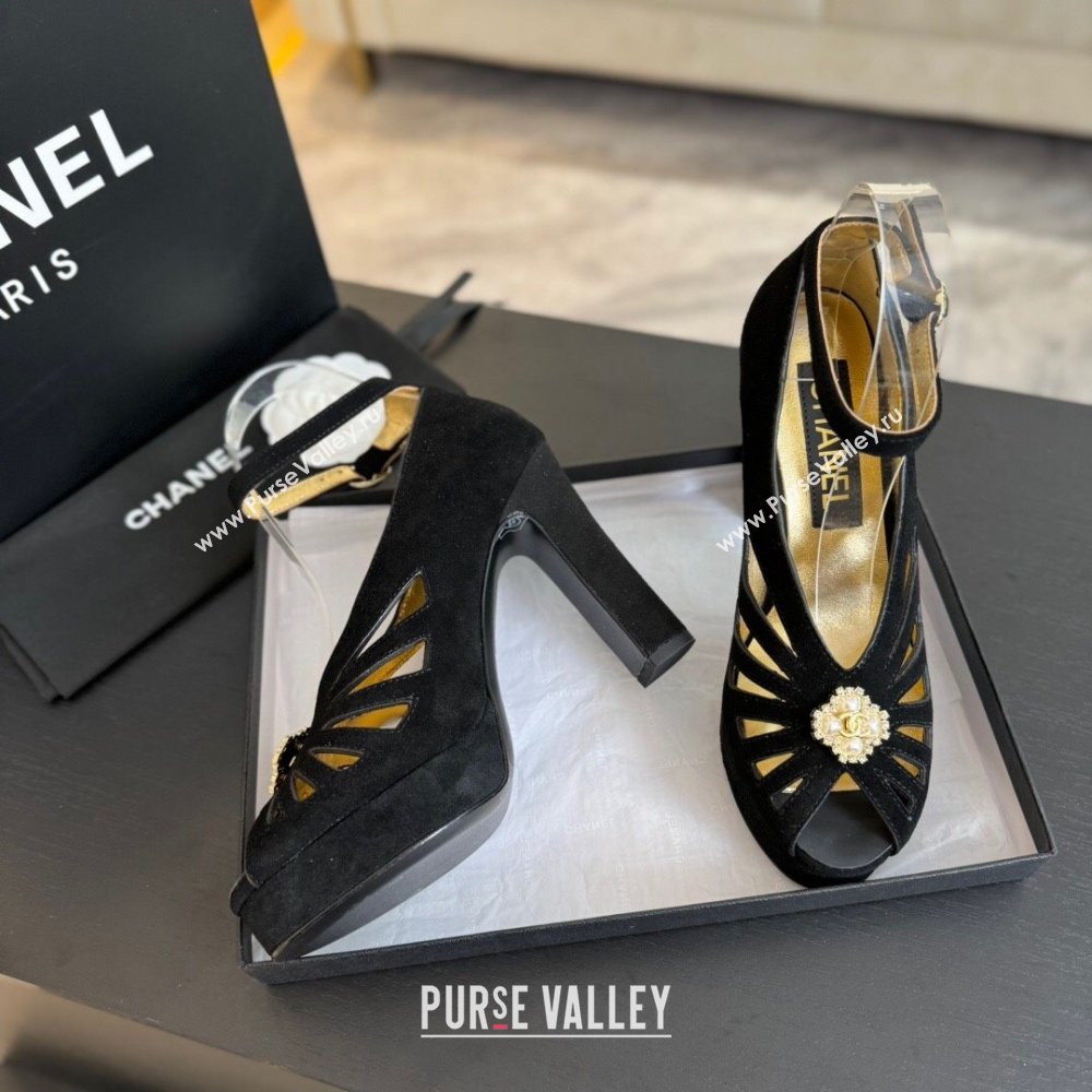 Chanel Suede Sandals with Heel 11cm G45455 Black 2024 (MD-24042206)