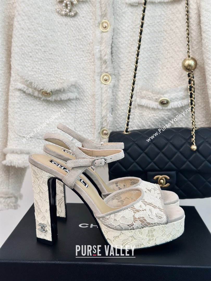 Chanel Suede and Lace Platform Sandals with 12cm Heel Beige 2024 (MD-24042207)