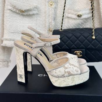 Chanel Suede and Lace Platform Sandals with 12cm Heel Beige 2024 (MD-24042207)