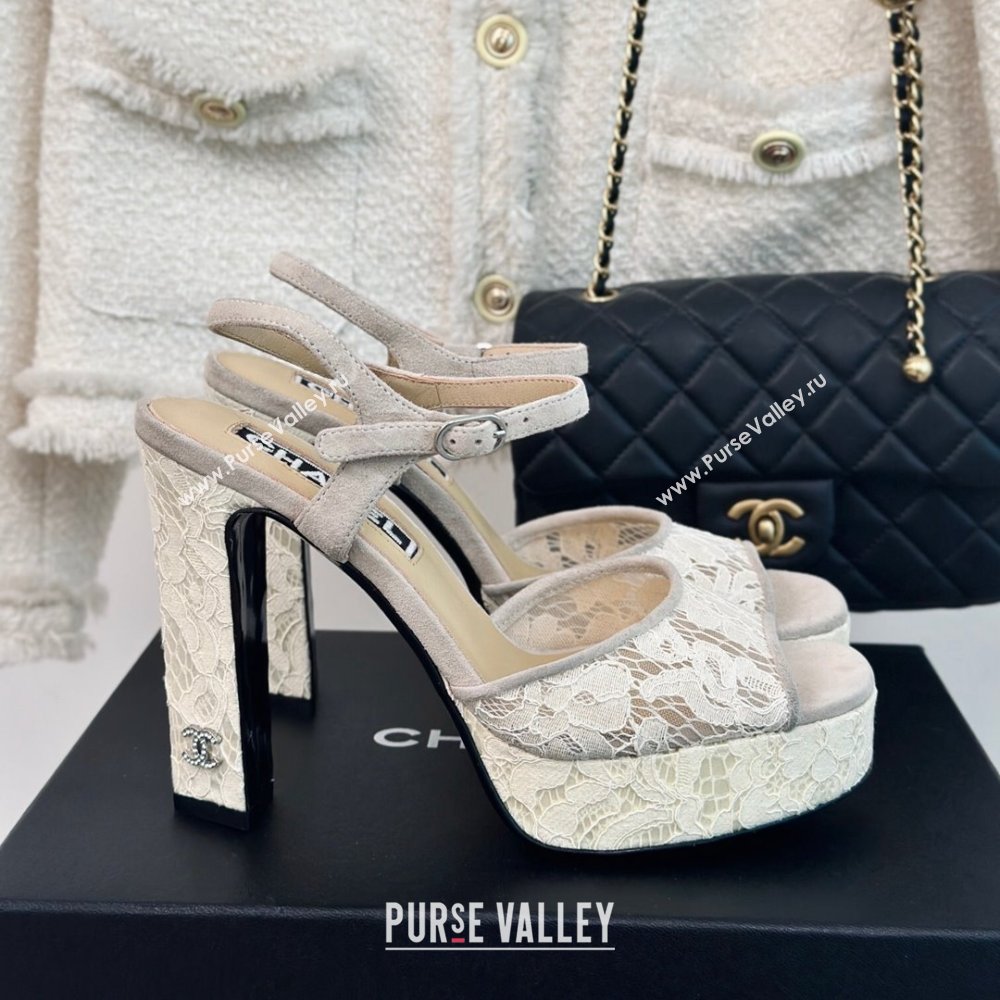 Chanel Suede and Lace Platform Sandals with 12cm Heel Beige 2024 (MD-24042207)