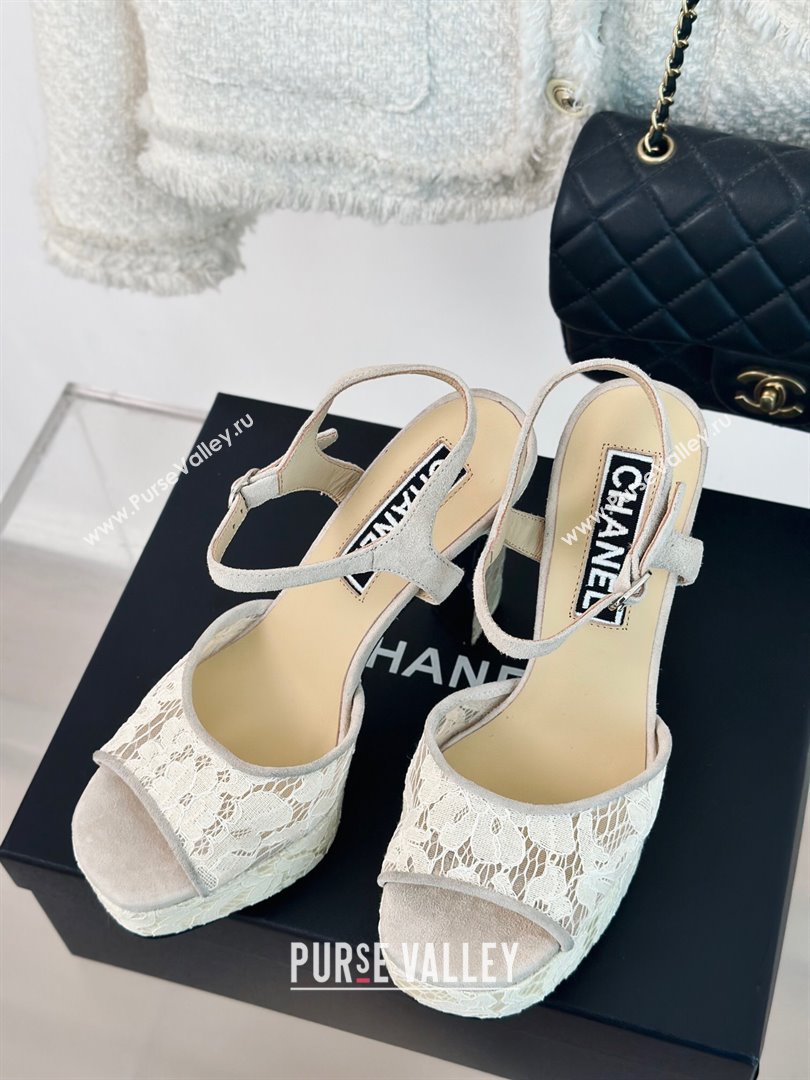 Chanel Suede and Lace Platform Sandals with 12cm Heel Beige 2024 (MD-24042207)