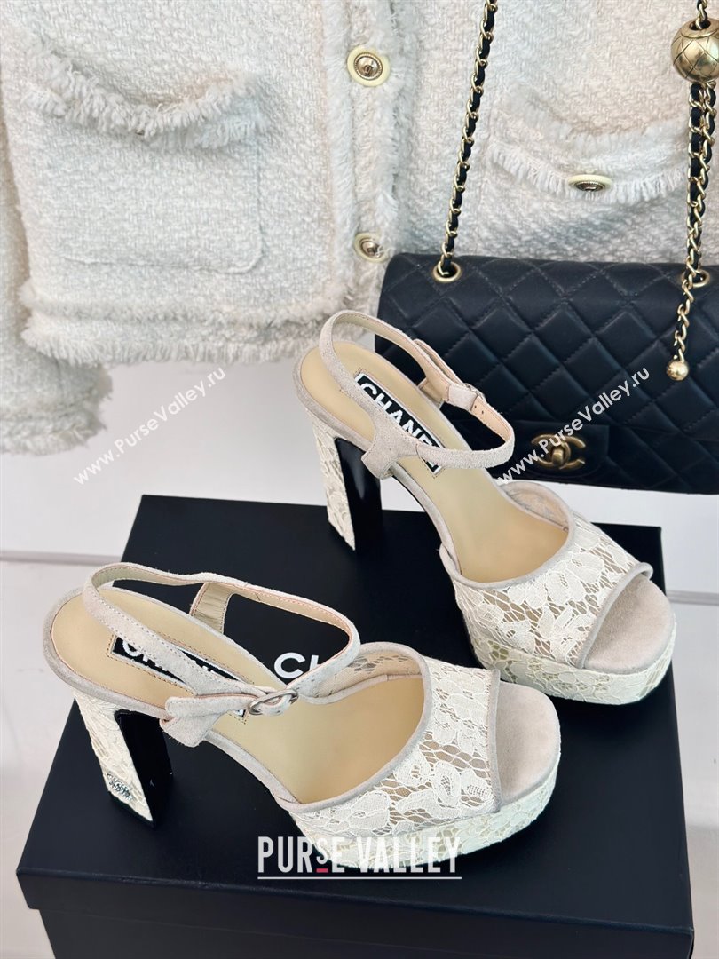 Chanel Suede and Lace Platform Sandals with 12cm Heel Beige 2024 (MD-24042207)