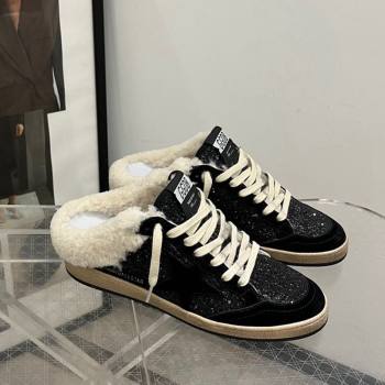 Golden Goose Ball Star Sabots Sneaker Mules in black glitter with black star and shearling lining 2024 (13-241113012)