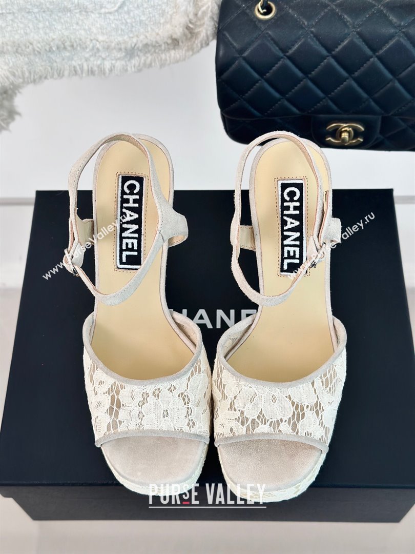 Chanel Suede and Lace Platform Sandals with 12cm Heel Beige 2024 (MD-24042207)