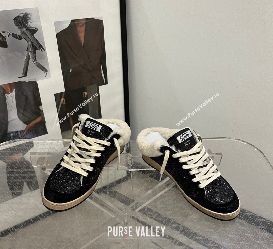 Golden Goose Ball Star Sabots Sneaker Mules in black glitter with black star and shearling lining 2024 (13-241113012)