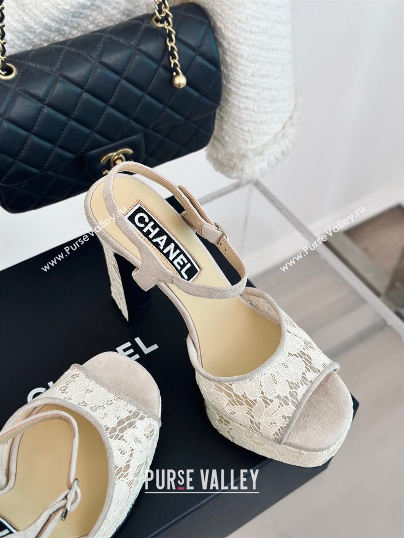 Chanel Suede and Lace Platform Sandals with 12cm Heel Beige 2024 (MD-24042207)