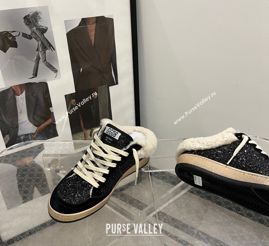 Golden Goose Ball Star Sabots Sneaker Mules in black glitter with black star and shearling lining 2024 (13-241113012)