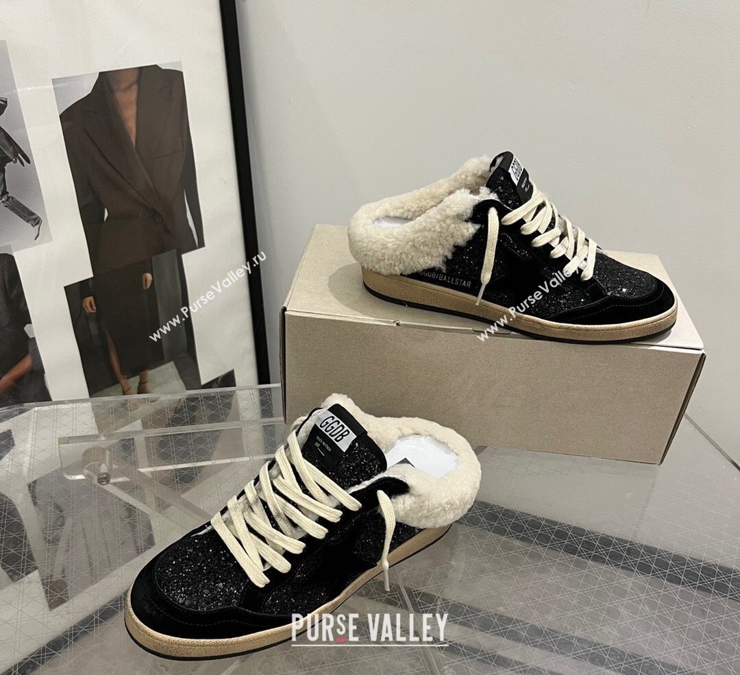 Golden Goose Ball Star Sabots Sneaker Mules in black glitter with black star and shearling lining 2024 (13-241113012)