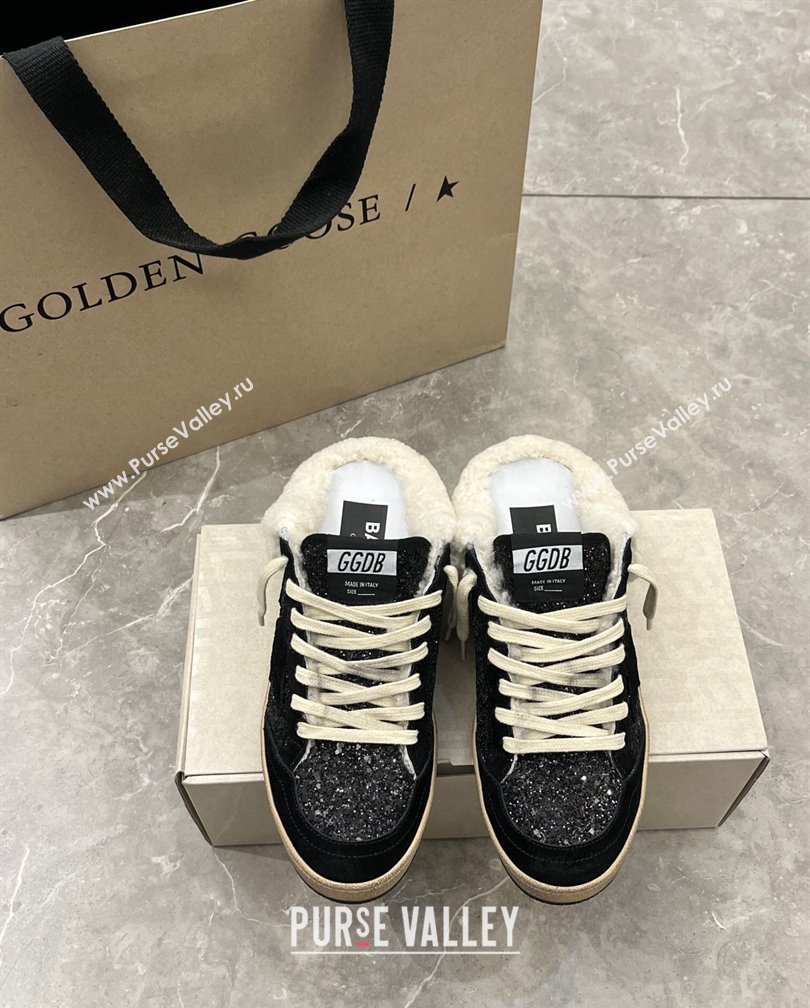 Golden Goose Ball Star Sabots Sneaker Mules in black glitter with black star and shearling lining 2024 (13-241113012)