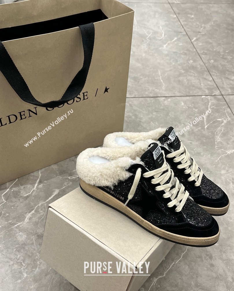 Golden Goose Ball Star Sabots Sneaker Mules in black glitter with black star and shearling lining 2024 (13-241113012)