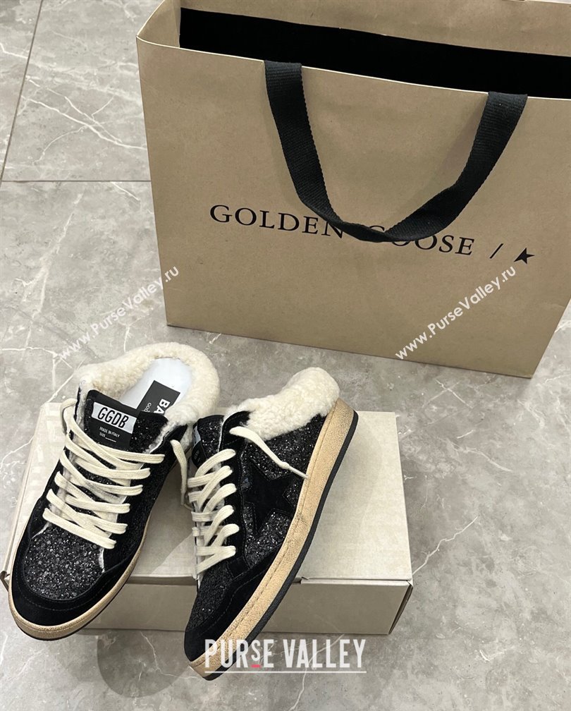 Golden Goose Ball Star Sabots Sneaker Mules in black glitter with black star and shearling lining 2024 (13-241113012)