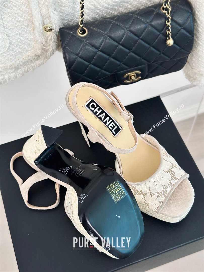 Chanel Suede and Lace Platform Sandals with 12cm Heel Beige 2024 (MD-24042207)