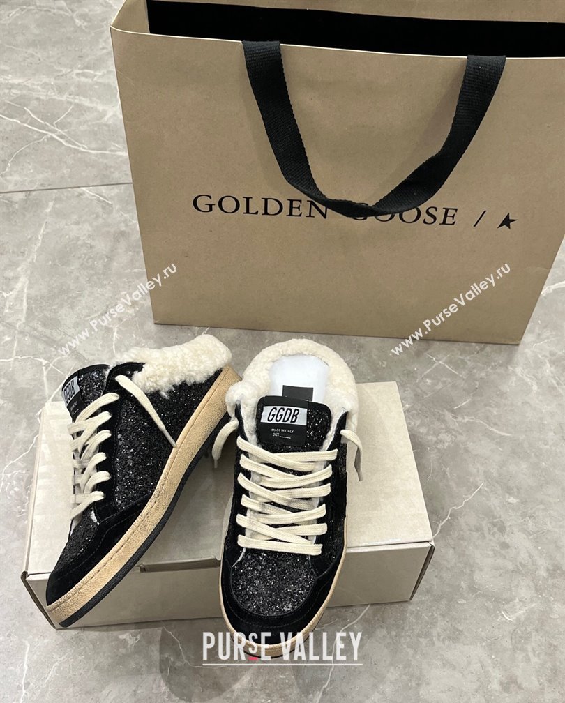 Golden Goose Ball Star Sabots Sneaker Mules in black glitter with black star and shearling lining 2024 (13-241113012)