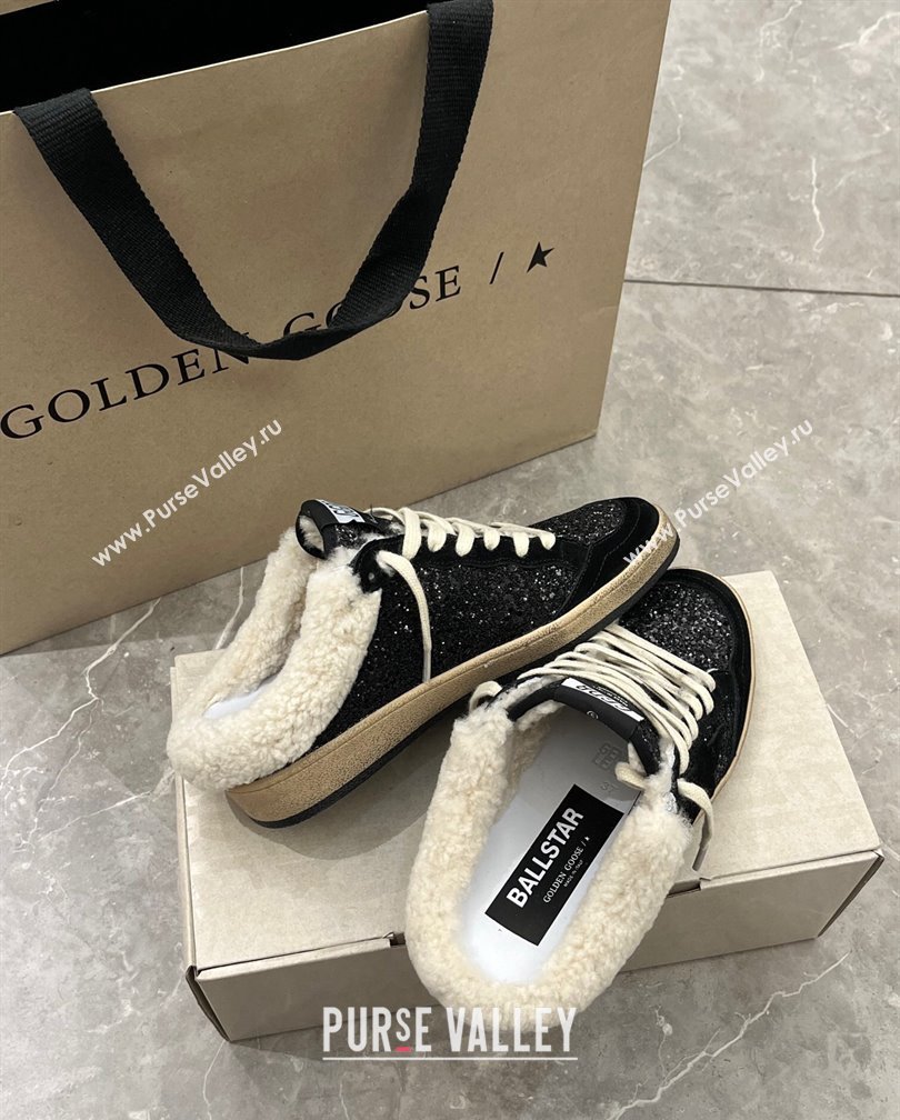 Golden Goose Ball Star Sabots Sneaker Mules in black glitter with black star and shearling lining 2024 (13-241113012)