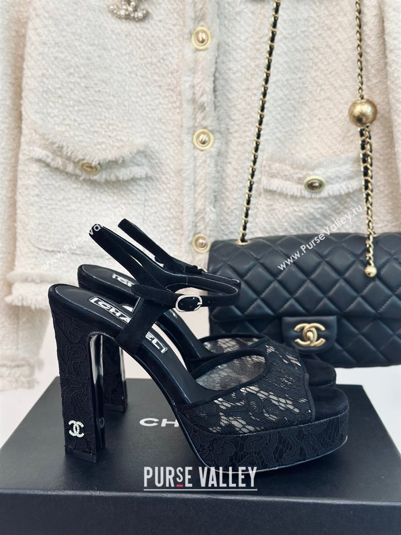 Chanel Suede and Lace Platform Sandals with 12cm Heel Black 2024 (MD-24042208)