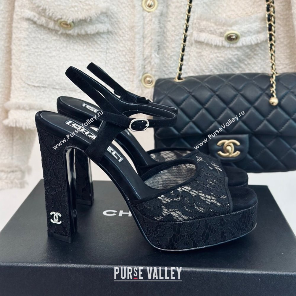 Chanel Suede and Lace Platform Sandals with 12cm Heel Black 2024 (MD-24042208)