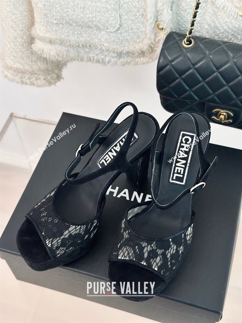 Chanel Suede and Lace Platform Sandals with 12cm Heel Black 2024 (MD-24042208)