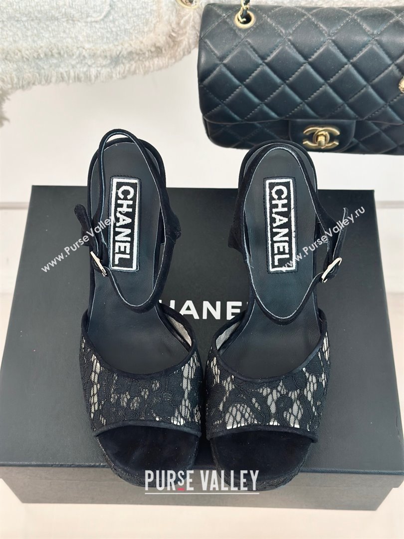 Chanel Suede and Lace Platform Sandals with 12cm Heel Black 2024 (MD-24042208)
