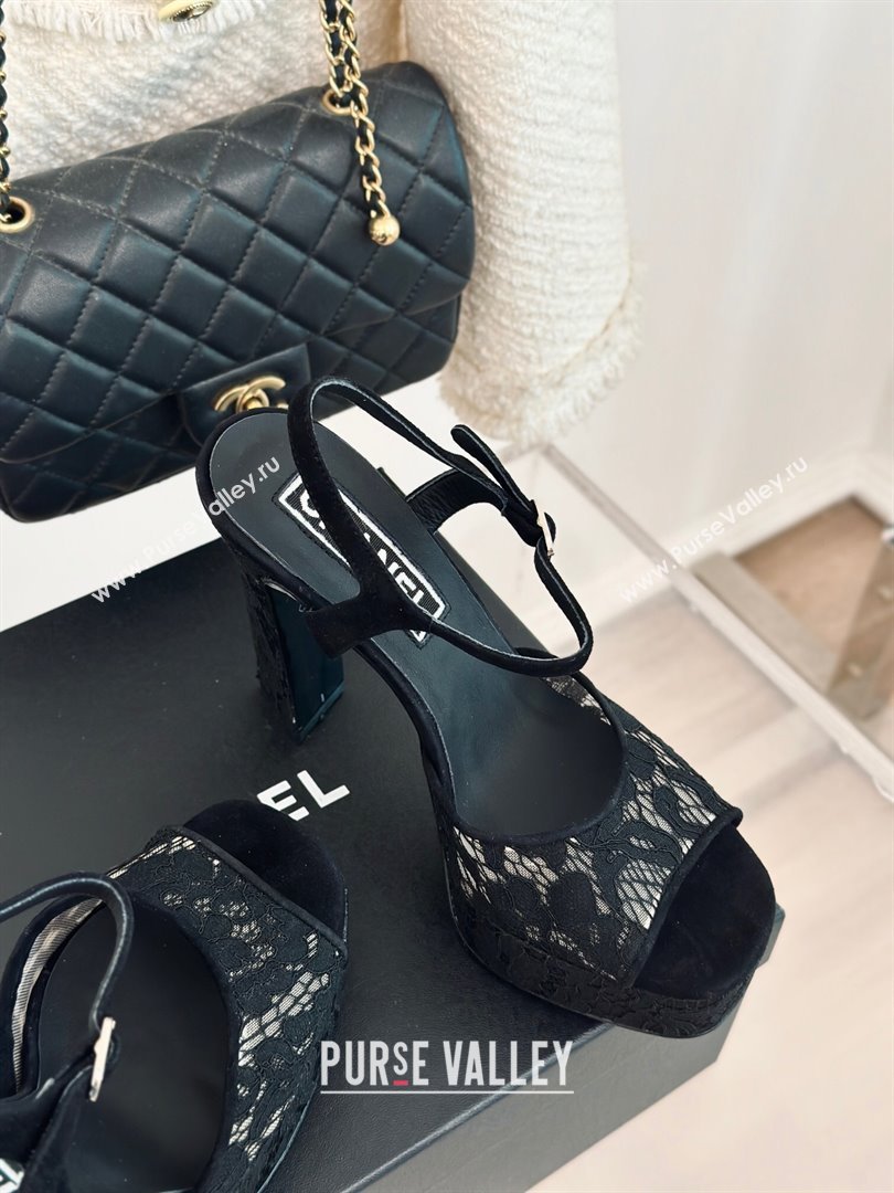 Chanel Suede and Lace Platform Sandals with 12cm Heel Black 2024 (MD-24042208)