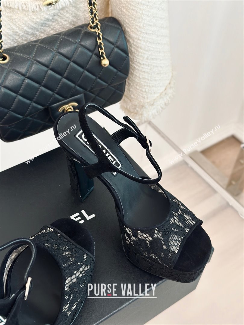 Chanel Suede and Lace Platform Sandals with 12cm Heel Black 2024 (MD-24042208)