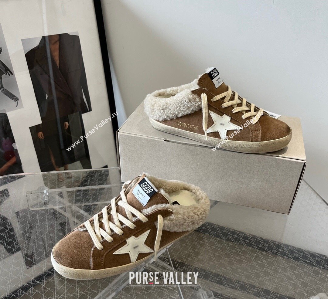 Golden Goose Super-Star Sneaker Mules in brown suede and shearling with white leather star 2024 (13-241113005)