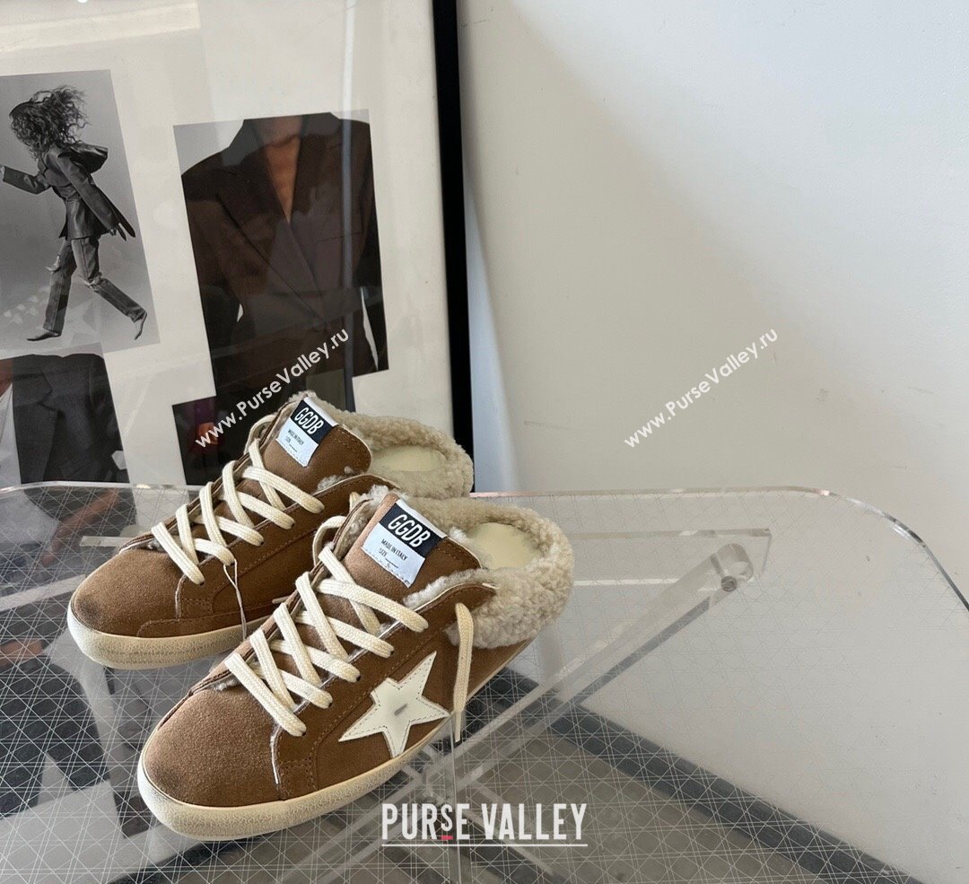 Golden Goose Super-Star Sneaker Mules in brown suede and shearling with white leather star 2024 (13-241113005)