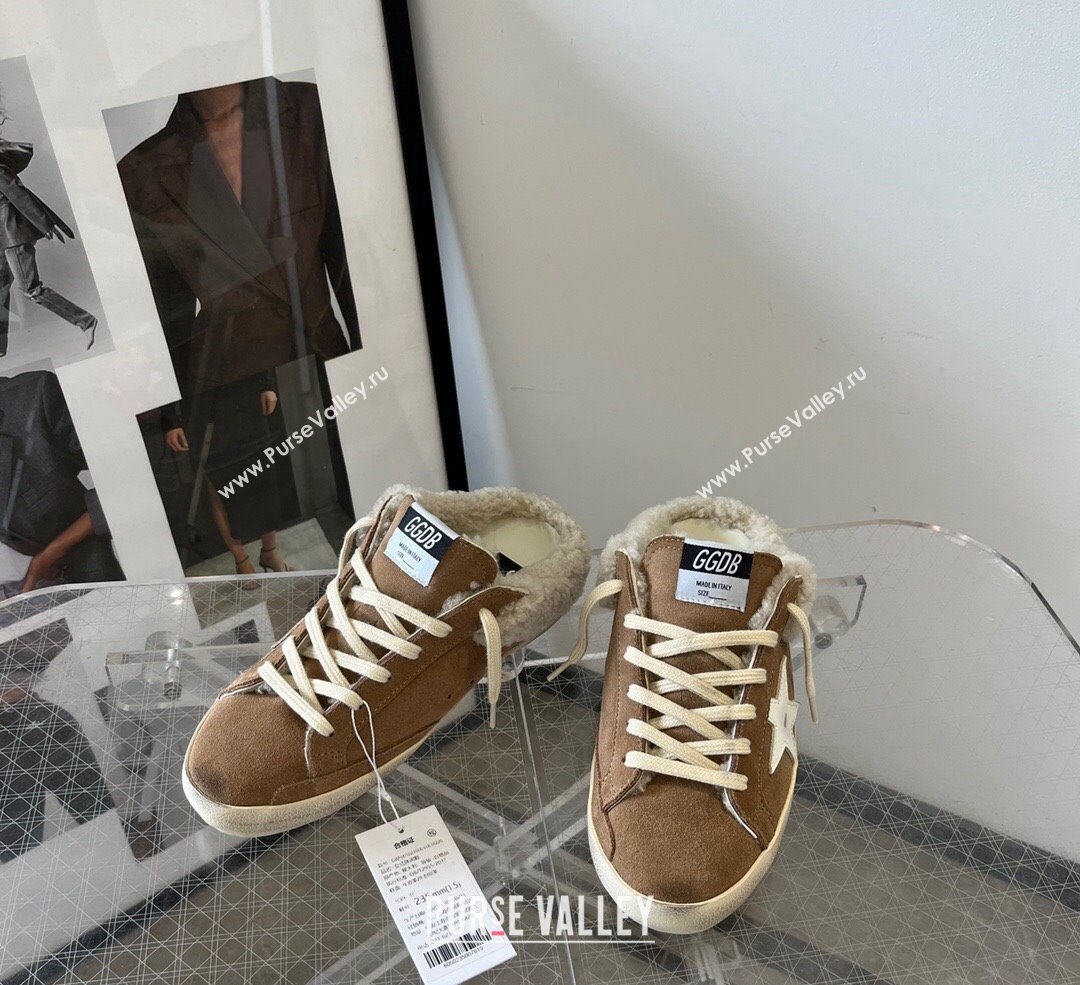 Golden Goose Super-Star Sneaker Mules in brown suede and shearling with white leather star 2024 (13-241113005)