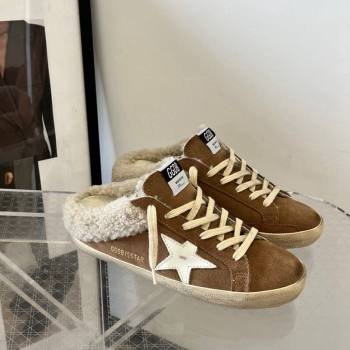 Golden Goose Super-Star Sneaker Mules in brown suede and shearling with white leather star 2024 (13-241113005)