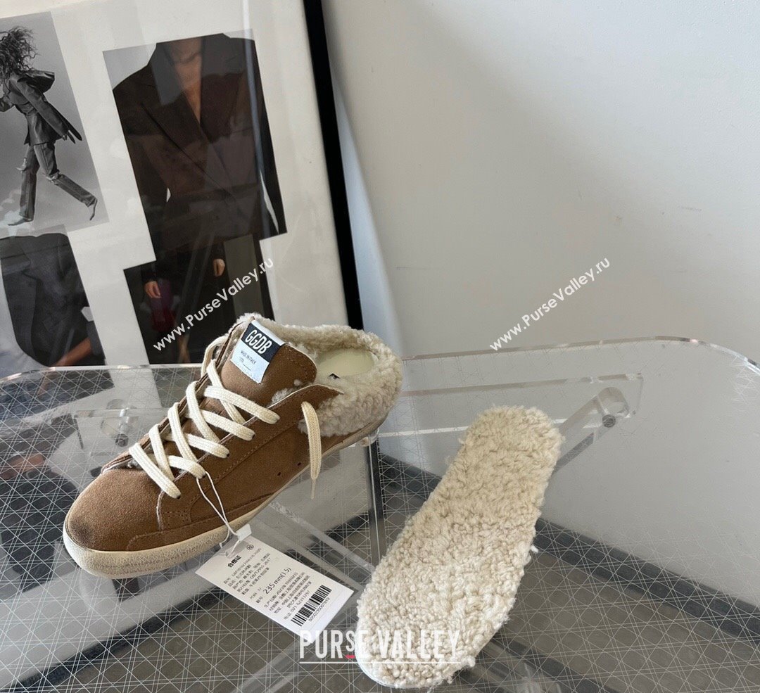 Golden Goose Super-Star Sneaker Mules in brown suede and shearling with white leather star 2024 (13-241113005)