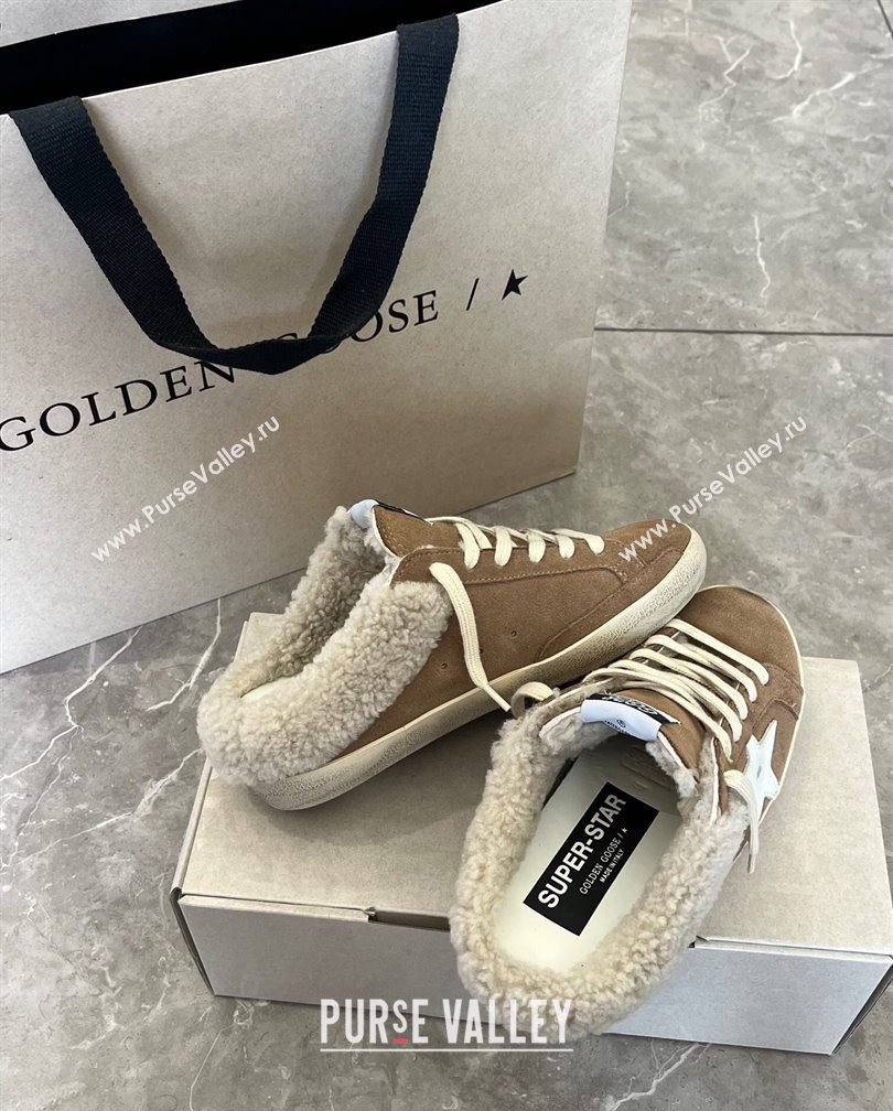 Golden Goose Super-Star Sneaker Mules in brown suede and shearling with white leather star 2024 (13-241113005)