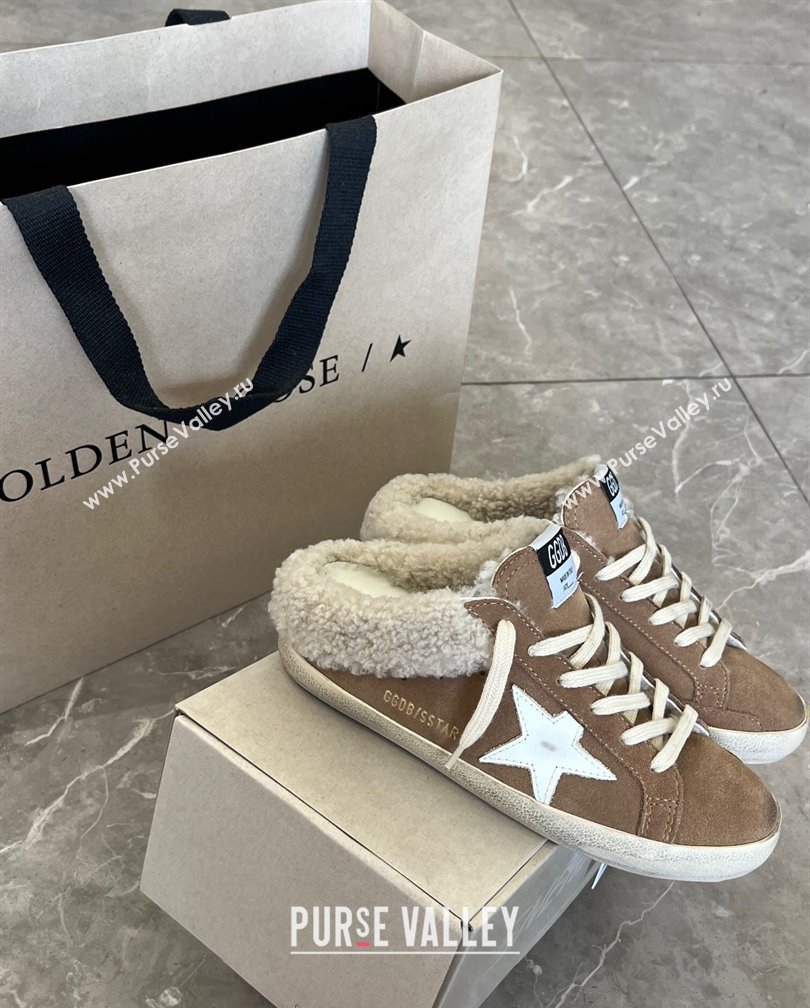 Golden Goose Super-Star Sneaker Mules in brown suede and shearling with white leather star 2024 (13-241113005)